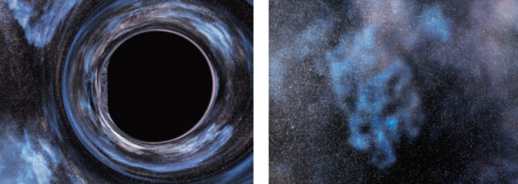 Быстровращающаяся черная дыра (слева), которая движется на фоне звездного поля, изображенного справа (Компьютерная модель студии Double Negative), — иллюстрация из книги «Интерстеллар. Наука за кадром».