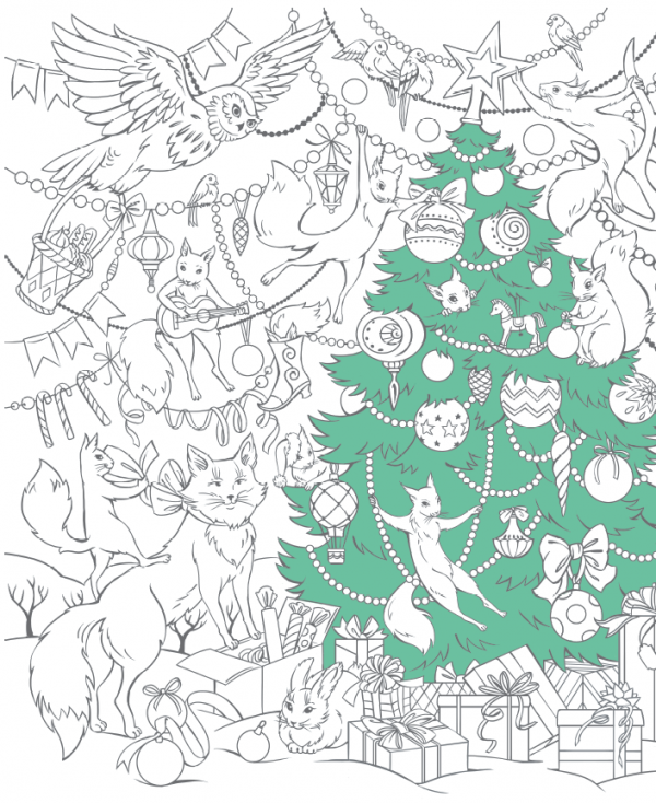 Ёлка, белки и совы из раскраски-плаката «С Новым годом!»