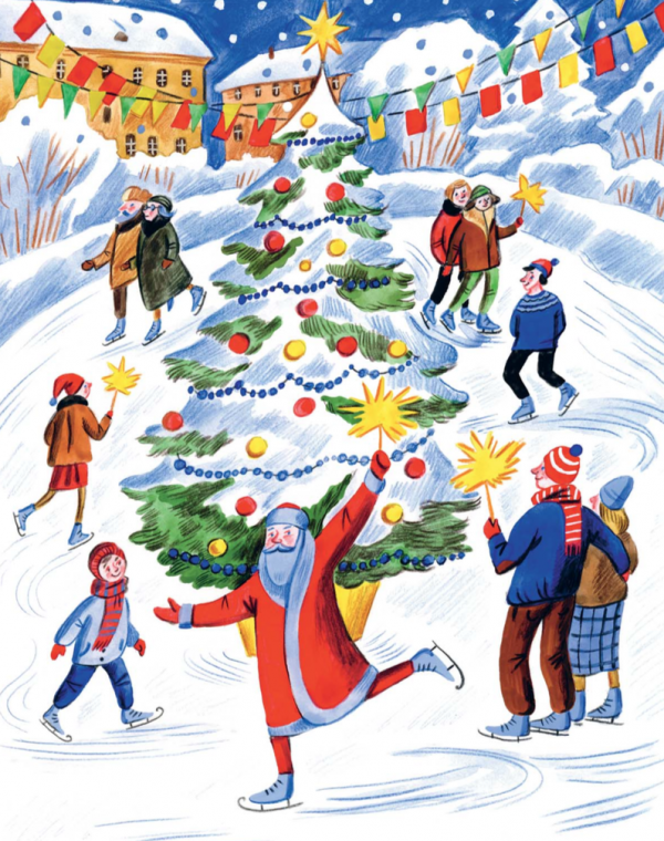 Катание на коньках, нарядная елка, смех, горячий шоколад... Посмотрите на рисунок из книги «Чудеса в кармашке, или Поиски Деда Мороза» и вперед, на местный каток ;) Прихватите бенгальские огни!