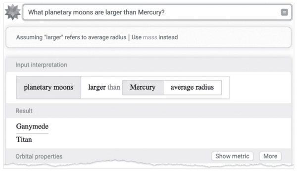 Спутники планет, которые больше Меркурия. Скриншот из Wolfram|Alpha.